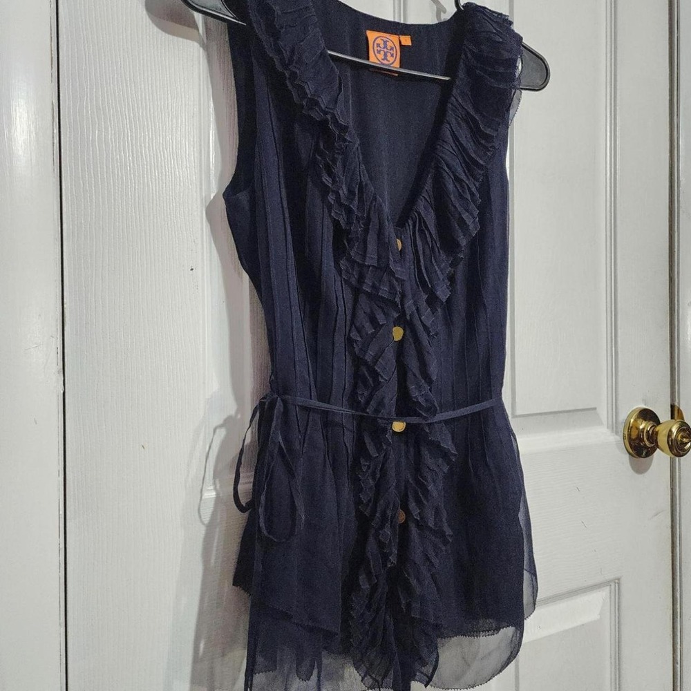 Vintage Blue Silk Ruffle Blouse - Picture 2 of 5